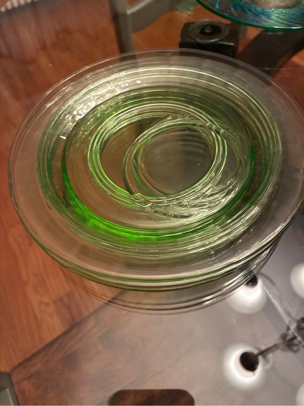 3 green Uranium Depression Glass offset saucer plates @6.5 in